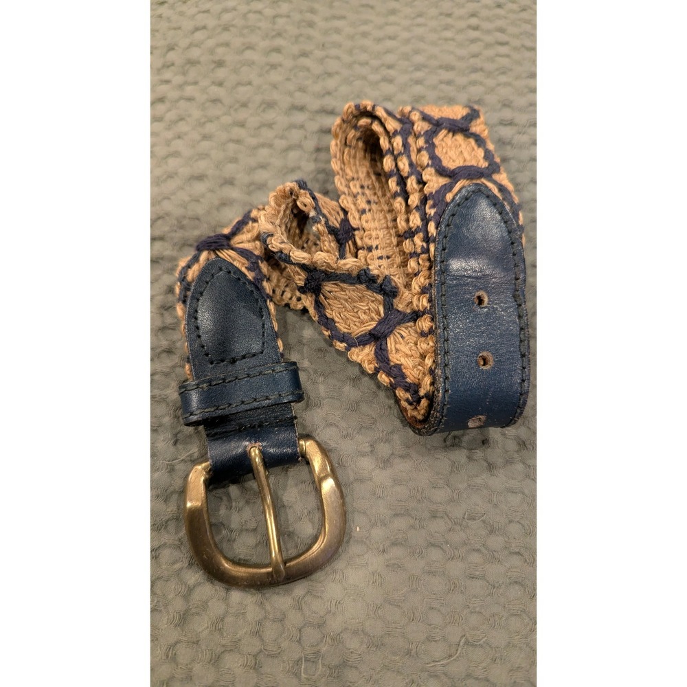 Unbranded Woven Braided Belt 38 Navy Blue Tan Leather Trim Solid Brass Nautical